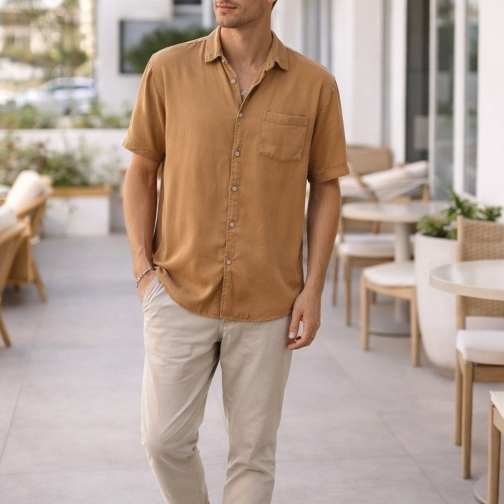Cotton On Tan Button Up Shirt Short Sleeve Pocket Casual Mens M